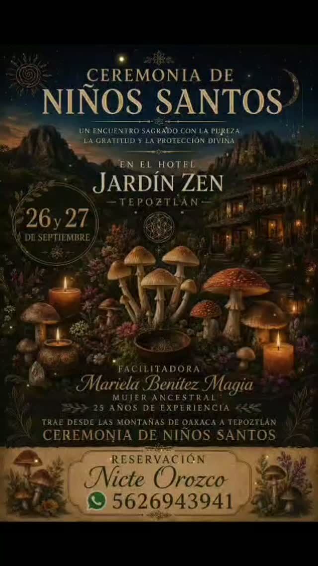 ✨ Hola, ¿cómo estás? 🌿
Queremos invitarte a vivir una experiencia muy especial en Tepoztlán, Morelos: una ceremonia de hongos, en un espacio de conexión, introspección y acompañamiento.
Será una oportunidad para hacer una pausa, conectar contigo y vivir una experiencia de transformación en un entorno de agradecimiento a la naturaleza y crecimiento espiritual. 🍄🌙
Si sientes el llamado y quieres conocer todos los detalles, Nicte Orozco estará atendiendo personalmente las reservaciones y brindándote toda la información 📱➡️5626943941 
📍 Tepoztlán, Morelos
 • Cupo limitado
Si quieres recibir el programa completo, mándame un mensaje y con mucho gusto te comparto los detalles. 
#hongosmedicinales #ceremoniadehongos #retirosdesanación #tepoztlán